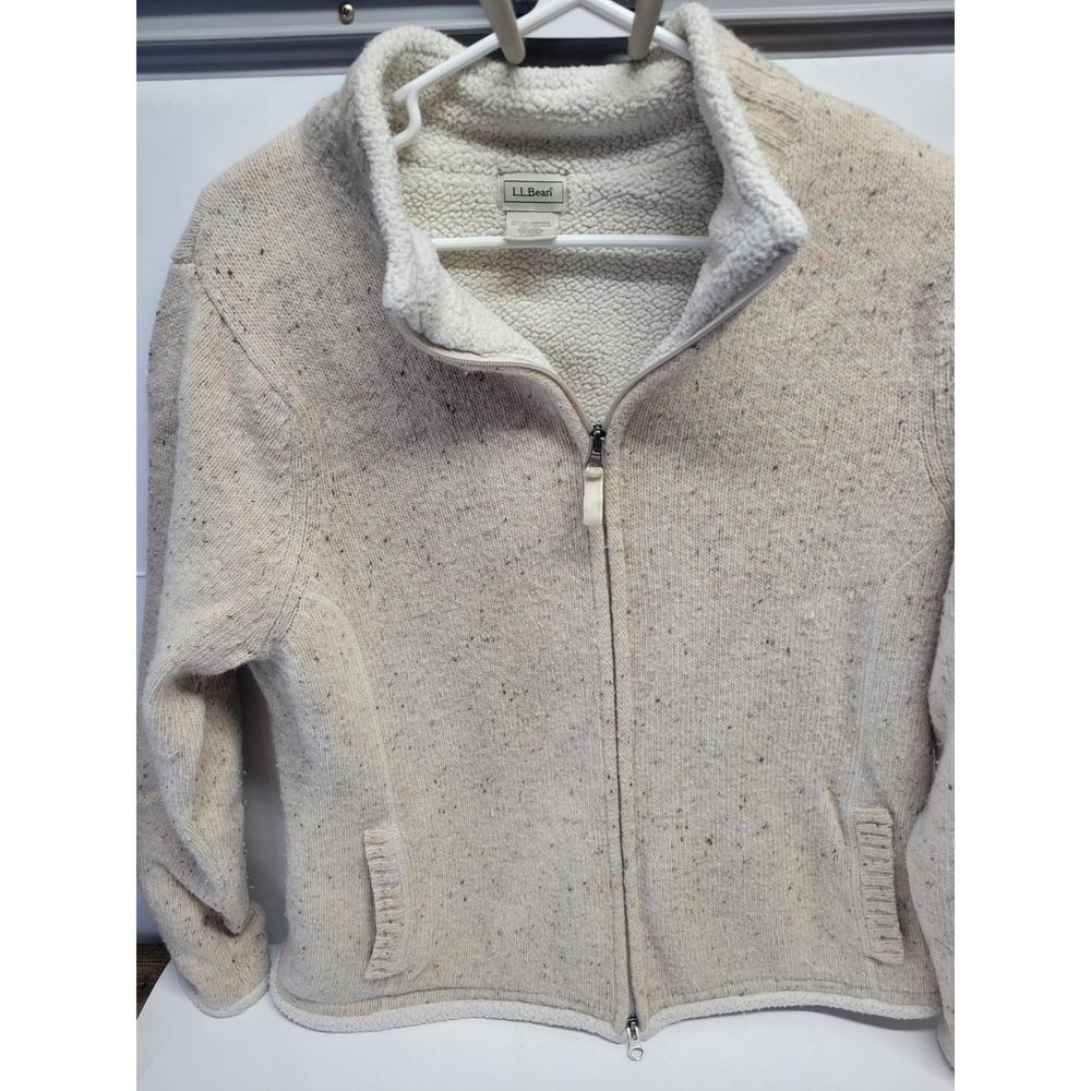 Vtg LL Bean Women's Sherpa Lined Knit Zip Up Sweater Jacket Beige Size L Regular